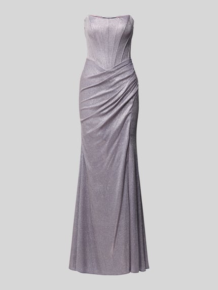 Produktfoto, Maxikleid mit Schnürung im Off-Shoulder-Look von Unique in glänzendem Fliederton, tailliert, drapiert, feine Textur.