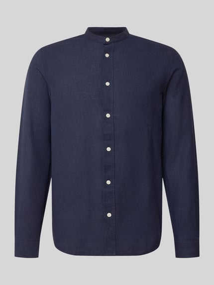 Produktfoto, Slim Fit Freizeithemd aus Baumwoll-Leinen-Mix Modell 'CAIDEN' von Only & Sons in Dunkelblau, Optik: Unifarben, Knopfleiste durchgehend, Mao-Kragen, Rückenpasse, Langarm, 1-Knopf-Manschette, Stoff fein strukturiert