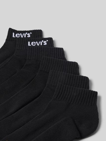 Produktfoto, schwarze Socken aus Baumwoll-Mix im 6er-Pack von Levi's®, feine Strickstruktur, weiße Logoschrift, Herren Socken