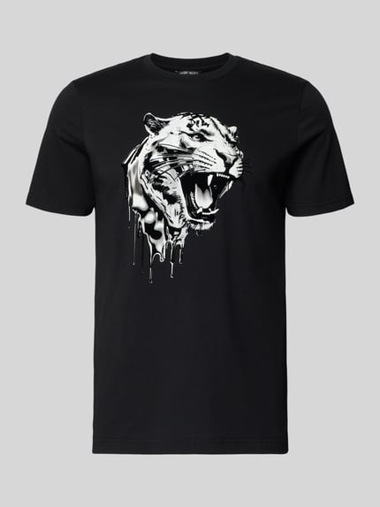 Produktfoto, zwart T-shirt met wit tijgeropdruk, puur katoen, regular fit, ronde hals, Labeldetail, ruglengte maat M: 70 cm, T-shirt met Labeldetail van Antony Morato