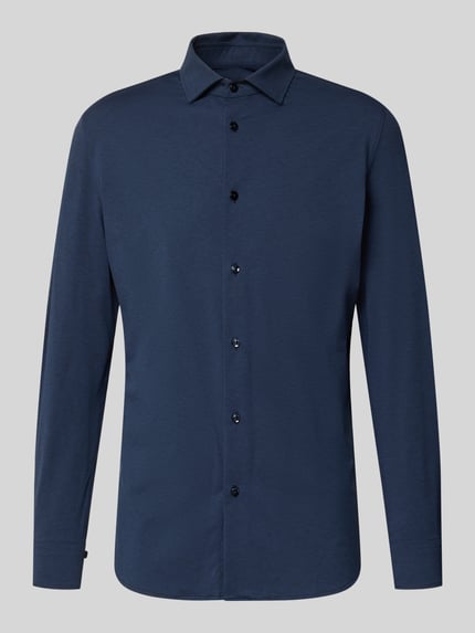 Produktfoto, dunkelblaues Slim Fit Business-Hemd mit Knopfleiste von CRUNA, Kentkragen, Material-Mix mit Stretch, glatte Textur.