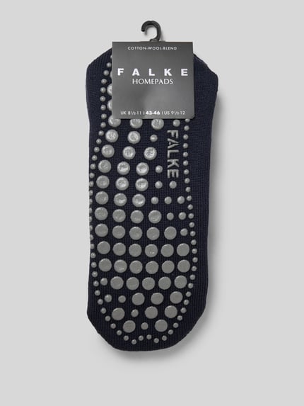 Produktfoto, Socken mit geripptem Abschluss von Falke in Dunkelblau, Baumwoll-Woll-Mix mit Stretch-Anteil, Anti-Rutsch-Besatz, körpernaher Schnitt
