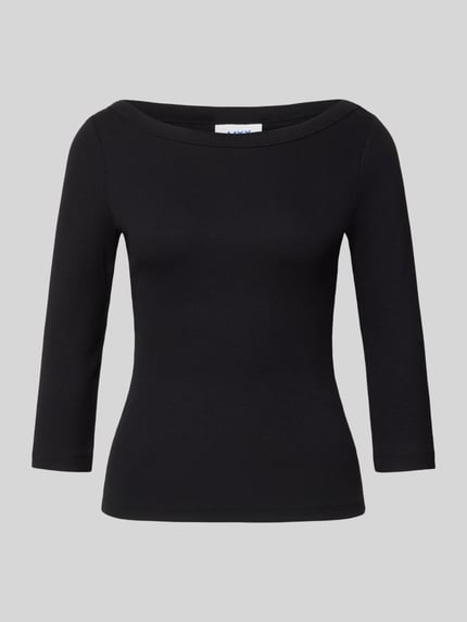Produktfoto, schwarzes Slim Fit Longsleeve mit 3/4-Arm Modell 'FIFI' von JIXX, elastischer Baumwoll-Mix, U-Boot-Ausschnitt, Ripp-Struktur
