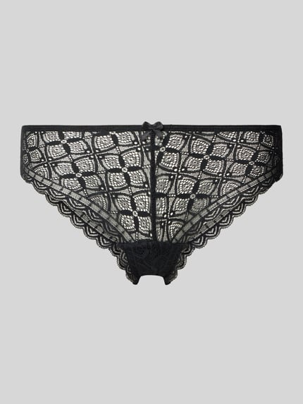 Produktfoto, Slip mit Spitzenbesatz und Schleife von Jake*s Casual, schwarz, florales Spitzenmuster, feine Textur, neutrale Rückansicht