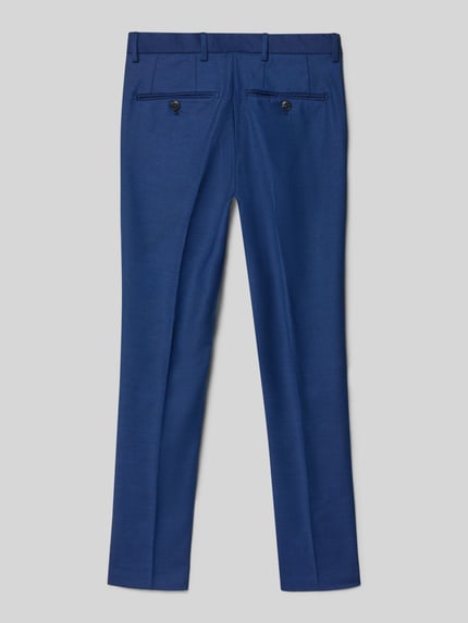 Produktfoto, Spodnie materiałowe z zakładkami w pasie i kieszenią z tyłu, mieszanka materiałów z dodatkiem wełny, prosty krój, model 'SOLARIS' od Jack & Jones, kolor niebieski, szerokość w pasie 35 cm, długość wewnętrzna nogawki 63 cm, rozmiar 140.