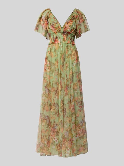 Productfoto, Avondjurk uit tule met V-hals van Lace & Beads, getailleerd model, maxi-jurk, tailleband, groene bloemprint, dames