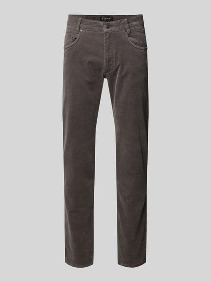 Produktfoto, Modern Fit Stoffhose mit 5-Pocket-Design von bugatti aus Baumwoll-Elasthan-Mix in Dunkelgrau, Bundweite 44 cm, Innenbeinlänge 82 cm