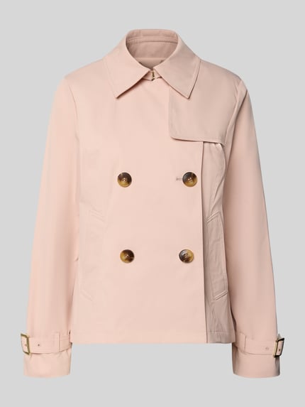 Produktfoto, Trenchcoat mit Knopfverschluss von MICHAEL Michael Kors in zartem Rosa, Zweireiher, Regular-Fit, glatte Textur, Umlegekragen, Rückenlänge bei Größe S: 61 cm, Schulterbreite: 40 cm, Brustweite: 52 cm, Ärmellänge: 63 cm