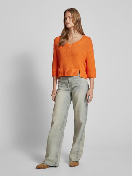 Oui Loose Fit Strickpullover mit Leinen-Anteil Orange 1