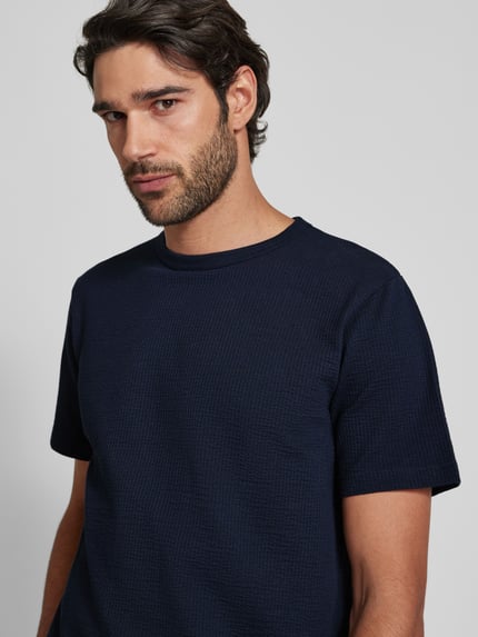 Selected T-Shirt mit geripptem Rundhalsausschnitt Modell 'SANDER' Marine 3