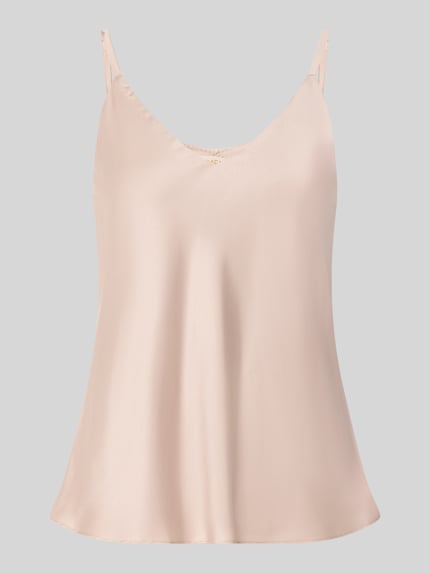 Productfoto, Blusentop aus Satin van Rinascimento in lichtbeige, materiaalmix met stretch, getailleerde pasvorm, verstelbare spaghettibandjes, v-hals, ruglengte maat S 41 cm