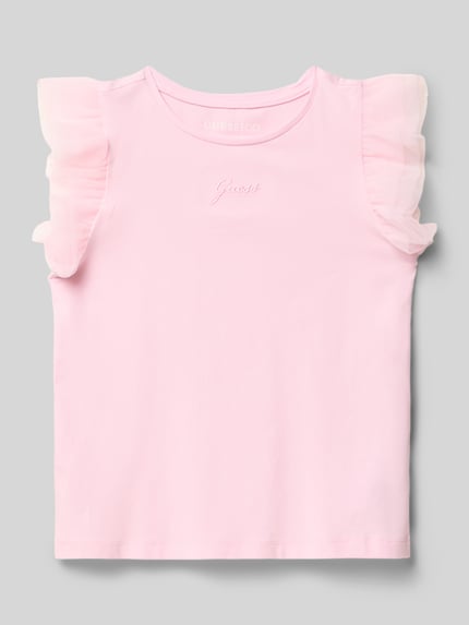 Produktfoto, T-Shirt mit Logo-Stitching und Rundhalsausschnitt von Guess in Rosa mit Tüll am Ärmel, gerader Schnitt, glatte Oberfläche