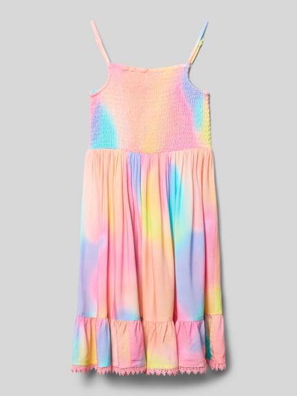 Produktfoto, Regular Fit Kleid aus reiner Viskose mit Smok-Optik von Happy Girls, krój regular fit, rüschenbesatz, spaghettiträger, długość tyłu w rozmiarze 116: 63 cm, pastelowe kolory, miękka tekstura, delikatne cieniowania