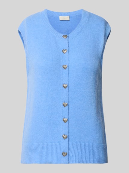 Produktfoto, Strickweste mit Alpaka-Anteil von Milano Italy, elastyczna mieszanka materiałów, dopasowany krój, okrągły dekolt, na całej długości listwa guzikowa w kształcie serca, prążkowane wykończenia, długość tyłu w rozmiarze S: 57 cm