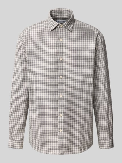 Produktfoto, Regular Fit Freizeithemd mit Kentkragen Modell 'CARTER' von JACK & JONES, Baumwolle, kariertes Muster in Beige und Dunkelblau.