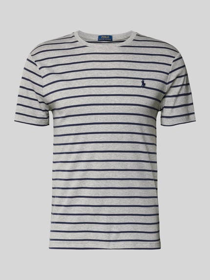 Produktfoto, grau-blau geringeltes T-Shirt mit Label-Stitching von Polo Ralph Lauren, reine Baumwolle, Regular Fit, gerippter Rundhalsausschnitt
