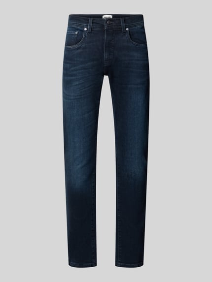 Produktfoto, ciemnoniebieskie jeansy Pierre Cardin Straight Fit Jeans aus elastischem Baumwoll-Mix Modell 'Lyon', mieszanka bawełny, 5 kieszeni, szlufki na pasek, zapięcie na guzik i zamek błyskawiczny, szerokość w rozmiarze 32/32: 45 cm, długość wewnętrzna nogawki w rozmiarze 32/32: 83 cm