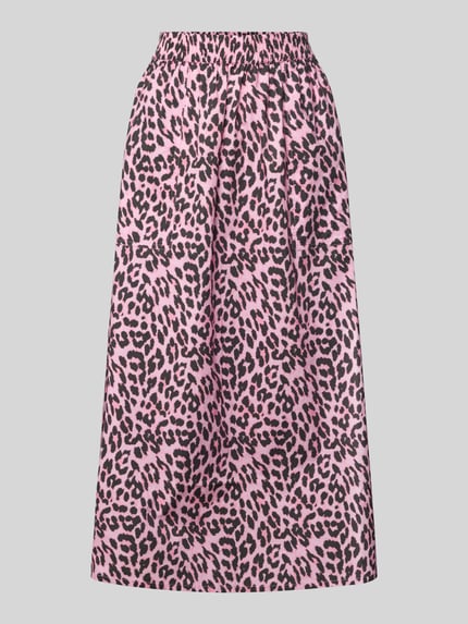 Produktfoto, długa spódnica Maxirock mit elastischem Bund od LOLLYS LAUNDRY, bawełna, luźny krój, różowo-czarny wzór, szerokość pasa 38 cm, całkowita długość 92 cm.