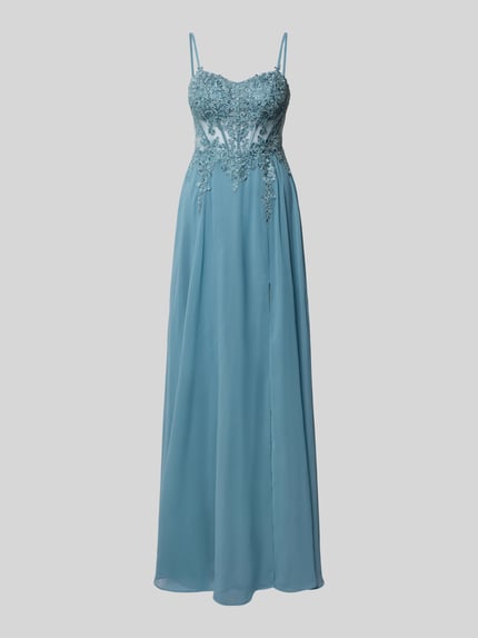 Produktfoto, Regular Fit Abendkleid mit floralem Spitzenbesatz von Luxuar, obszycie koronką w kwiaty, krój regular fit, obszycie ozdobnymi kamieniami, półprzezroczysty materiał, cienkie ramiączka, długość tyłu w rozmiarze 36: 158 cm, szerokość w rozmiarze 36: 33 cm