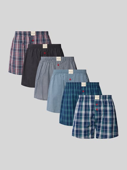 Produktfoto, Boxershorts im 6er-Pack mit Label-Patch von Phil&Co., Baumwolle, verschiedene Karos und Streifen, elastischer Bund, Herrenmode
