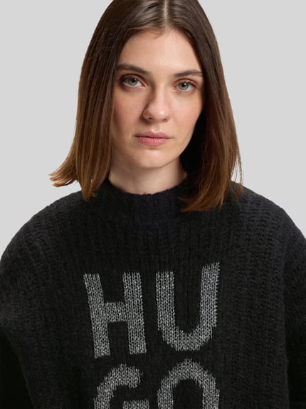 HUGO Sweter o kroju oversized z dzianiny z mieszanki wełny model ‘SLOGUIS’ Czarny 3