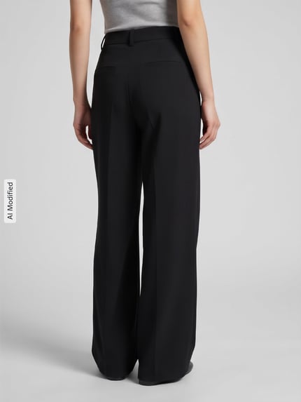 Frauenmodel trägt Regular Fit Weite Hose mit Viskose-Anteil Modell 'SONJA' von ONLY in Schwarz, glatte Textur, Ganzkörperansicht Rückansicht, Damen Weite Hose von ONLY, KI-modifiziertes Bild.