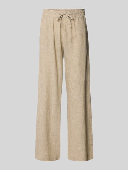 Produktfoto, beżowe spodnie Wide Leg Pants aus Leinen-Mix mit elastischem Bund Modell 'Lava' von FREE/QUENT, luźny krój, tkanina z lnem i wiskozą, szerokość w rozmiarze S: 41 cm, długość wewnętrzna nogawki: 77 cm, tekstura gładka