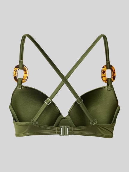 Produktfoto, olivgrünes Bikini-Oberteil mit Zierelementen aus Material-Mix, Rückseite mit überkreuzten, verstellbaren Trägern und Hakenverschluss, Modell 'GUARANA' von DORINA