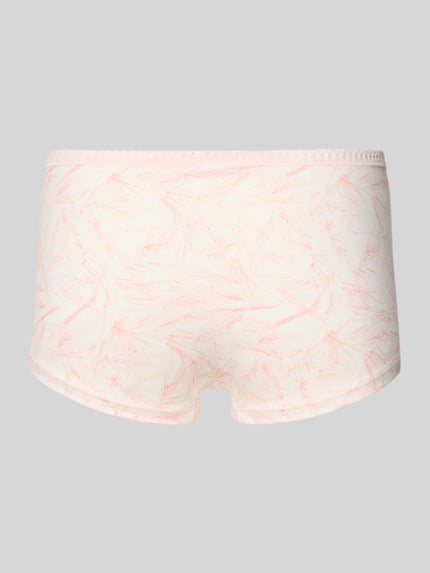 Frauenmodel trägt Slim Fit Panties mit Logo-Print Modell 'Go Crush' im 3er-Pack von Sloggi, helle Farben, geometrisches Muster, Ganzkörperansicht Rückansicht. Damen Panties aus elastischem Baumwoll-Mix.