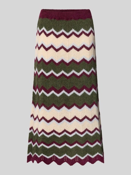 Produktfoto, Strickrock mit geripptem Bund van miss goodlife, Materiaalmix met katoen, uitlopend model, elastische band, Zigzagzoom, bandwijdte maat S 34 cm, totale lengte maat S 78 cm, olijfgroen, crème, bordeaux, zigzagstructuur