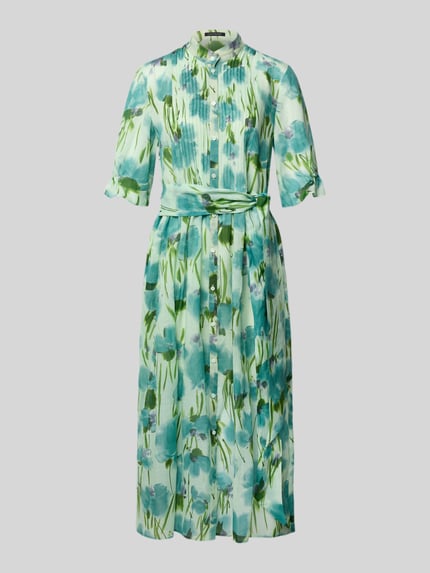 Produktfoto, zielono-niebieskie Midikleid mit Stehkragen und Falten aus Lyocell-Ramie-Mix von Luisa Cerano, fason A-linia, nadruk na całej powierzchni, listwa guzikowa, długość tyłu 124 cm w rozmiarze 36, szerokość w rozmiarze 36: 44 cm, długość rękawa: 35 cm, tekstura lekko transparentna, delikatny połysk