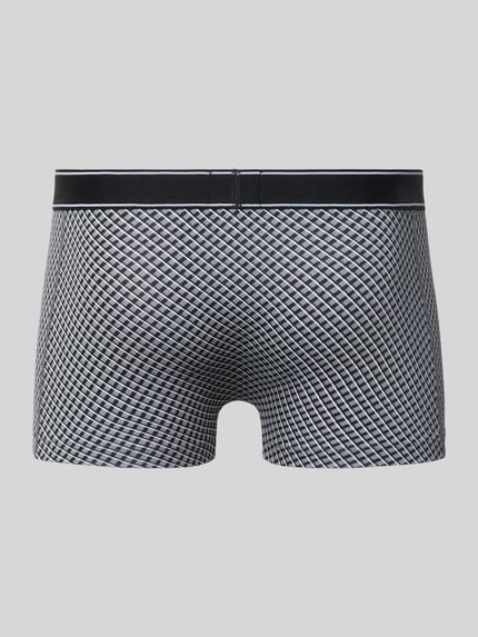 Produktfoto, Trunks aus Baumwoll-Mix von BOSS für Herren mit schwarzem Bund und grafischem Muster in Schwarz-Weiß-Optik, klare Linien, glatte Textur.