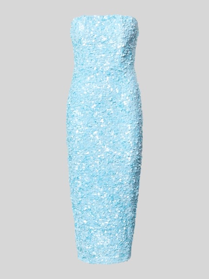 Produktfoto, Midikleid im Off-Shoulder-Look mit Pailletten von Little Mistress in Hellblau, figurbetonter Schnitt, Gehschlitz, Rückenlänge 120 cm bei Größe 36, strukturierte Oberfläche.