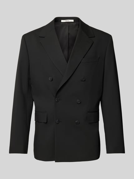 Produktfoto, Regular Fit Anzugsakko mit Viskose-Anteil Modell 'LIAM' von Selected Homme, Optik: Unifarben, Reverskragen, Rückenschlitz, zweireihige Knopfleiste, Langarm, dekorative Knöpfe, Brustleistentasche, Pattentaschen, glatte Struktur, schwarze Farbe