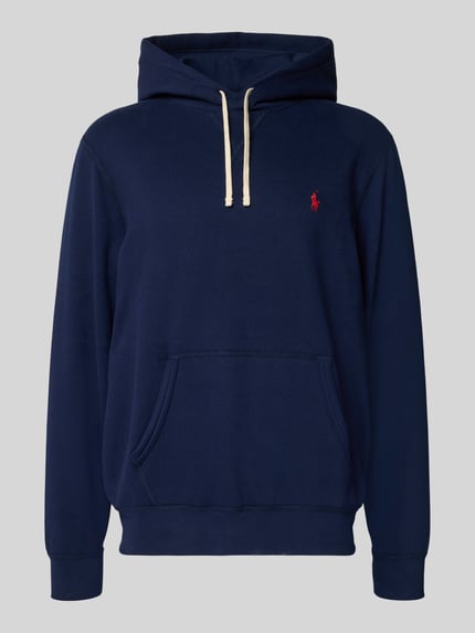 Produktfoto, Hoodie mit Label-Stitching von Polo Ralph Lauren in Dunkelblau, Baumwoll-Mix, lockerer Schnitt, Kapuze, Känguru-Tasche, gerippte Abschlüsse