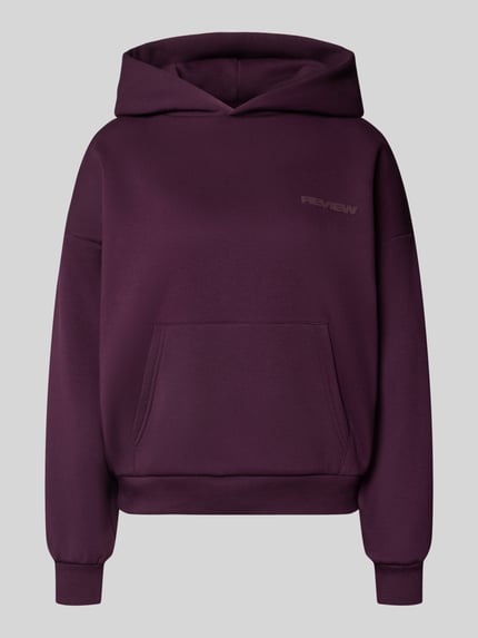Productfoto, Hoodie met logo en kangoeroezak van REVIEW, dames hoodie van katoenmix, relaxed fit, logo, kangoeroezak, effen donkerpaars, zachte stof