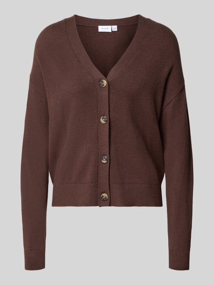 Produktfoto, brauner Cardigan mit V-Ausschnitt, Knopfleiste und geradem Schnitt aus Viskose-Mix, Modell 'VIRIL' von VILA
