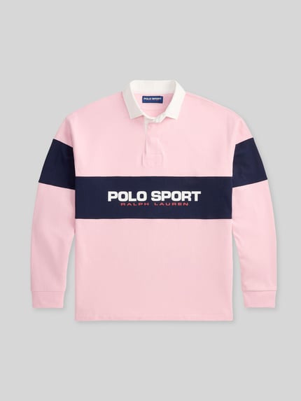 Produktfoto, Regular Fit Poloshirt aus reiner Baumwolle von Polo Ralph Lauren in roze, marineblauw en wit, piqué structuur, label-opdruk, lange mouw, geribde manchetten, V-hals met polokraag, unilook, meerkleurig