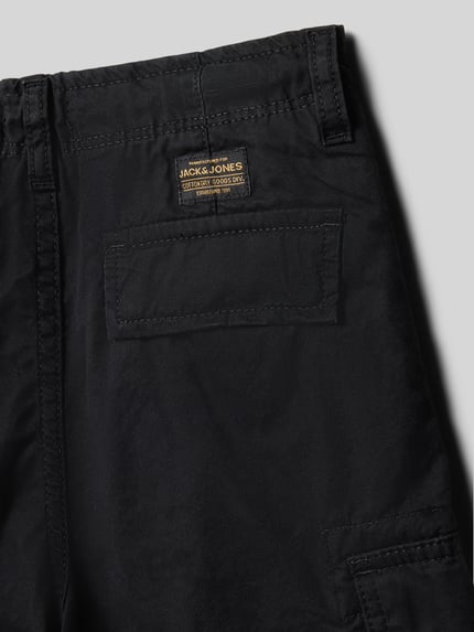 Produktfoto, Regular Fit Shorts mit Logo-Patch Modell 'Cole' von Jack & Jones, Reine Baumwolle, Cargo-Taschen, Schwarz, Detailansicht