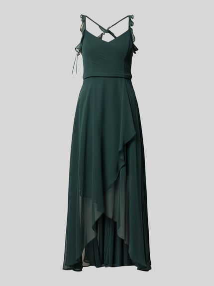 Produktfoto, Cocktailkleid aus Chiffon mit Volants van V.M., donker groen, a-lijn midijurk, v-hals, draperingen, chiffon met zachte textuur, ruglengte 109 cm, borstwijdte 34 cm