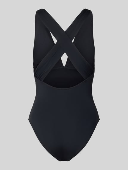 Produktfoto, Body mit V-Ausschnitt von Seafolly in Schwarz mit überkreuzten Trägern und raffiniertem Material-Mix, körpernaher Schnitt.