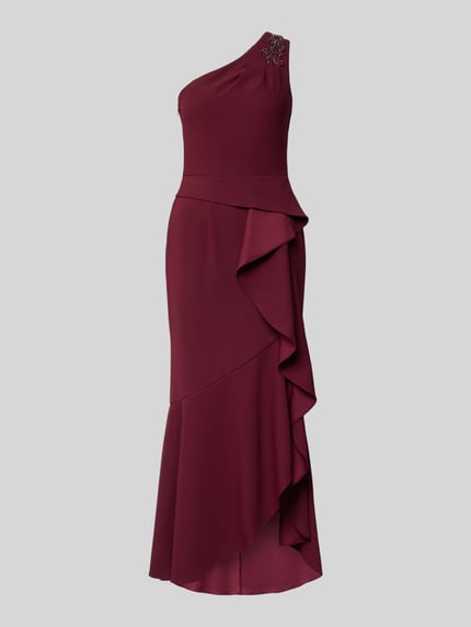 Produktfoto, Midikleid mit Ziersteinbesatz von Adrianna Papell in Dunkelrot mit Rüschen, One-Shoulder-Design, taillierte Passform, elastischer Material-Mix