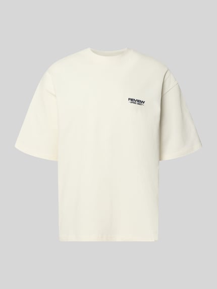 Produktfoto, T-Shirt mit Rundhalsausschnitt und Logo-Print von REVIEW aus Reine Baumwolle, Modern Fit, in Weiß, Rückenlänge bei Größe M 68 cm