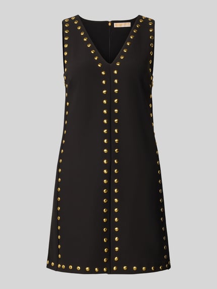 Produktfoto, Regular Fit Minikleid mit Nietenbesatz von MICHAEL Michael Kors, schwarz mit goldfarbenem Obszycie nitami, elastyczna mieszanka materiałów, Dekolt w serek, krój bez rękawów, Długość tyłu w rozmiarze S: 78 cm, Szerokość w rozmiarze S: 43 cm, Długość rękawów w rozmiarze S: 24 cm