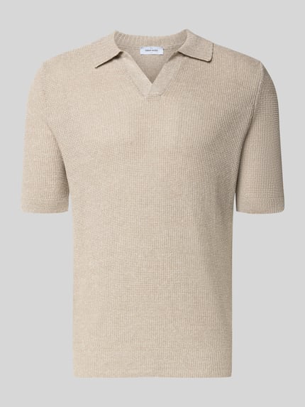 Produktfoto, Slim Fit Poloshirt met v-hals van GRAN SASSO in beige, mix van vlas en katoen, polokraag, ruglengte maat 50: 68 cm