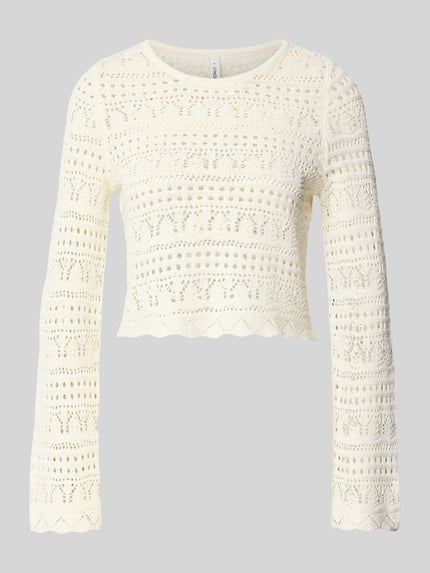 Produktfoto, Cropped Strickpullover aus Baumwoll-Mix Modell 'ELKE' von ONLY, Optik: Unifarben, Passform: Boxy-Fit, Lochstrickmuster