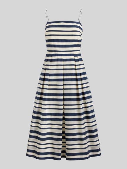 Produktfoto, Körpernahes Cocktailkleid aus Baumwoll-Mix von Lauren Ralph Lauren in Mehrfarbig mit Gestreift, Bundfalten, Satin, Knielang, Karree-Ausschnitt, Spaghettiträger, verdecktem Reißverschluss und Haken-Verschluss, Optik: Mehrfarbig, Passform: Körpernah, Materialverarbeitung: Baumwoll-Mix.