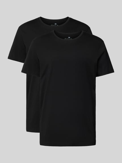 Produktfoto, T-Shirt aus reiner Baumwolle im 2er-Pack von Christian Berg Men in Schwarz, Herren T-Shirt, Regular-Fit, Rundhalsausschnitt, glatte Oberfläche.