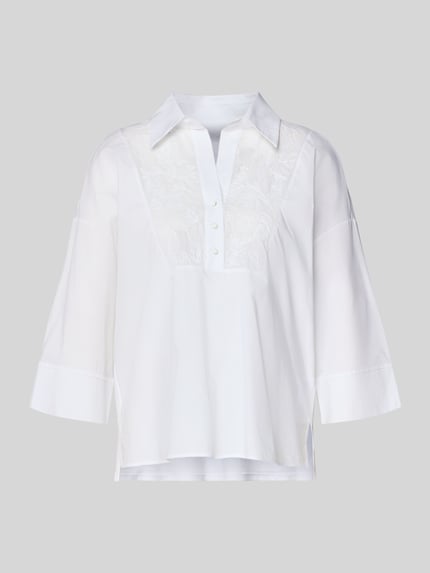 Produktfoto, Blusenshirt mit 3/4-Arm von Marc Cain aus reiner Baumwolle, in Weiß mit Umlegekragen, lockerer Schnitt, kurze Knopfleiste.