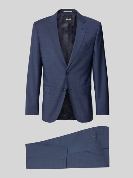 Produktfoto, blauer Slim Fit Anzug aus reiner Schurwolle Modell 'H-HUGE-2PCS-253' von BOSS mit feinem Allover-Muster auf neutralem Hintergrund, Zweiteiler mit Sakko und Hose, klassische Formen und leichte Struktur
